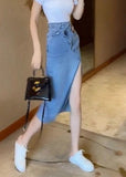 peopleterritory Natural Blue Sashes Patchwork High Waist Denim Maxi S TY1019kirts