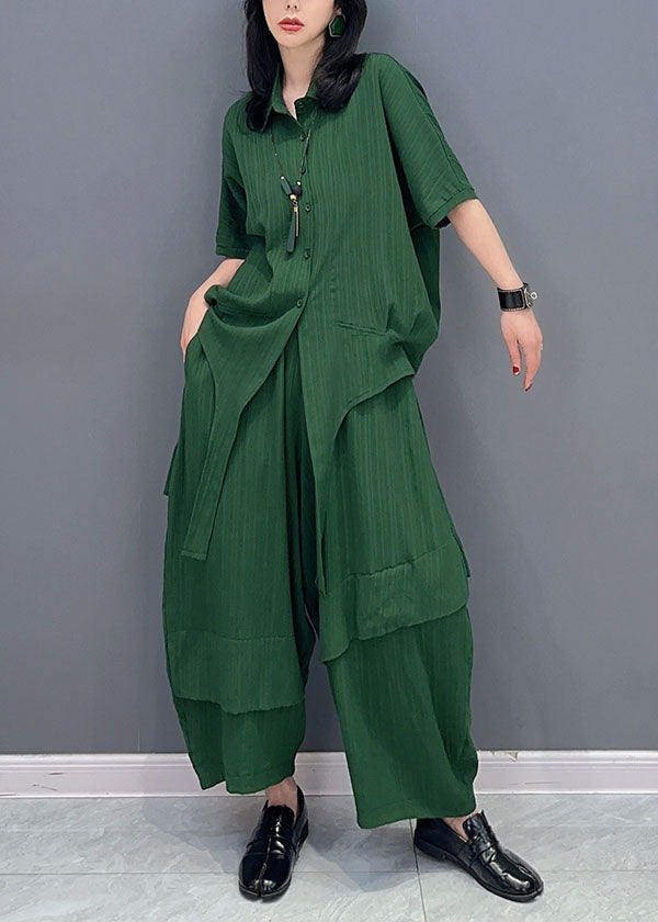 peopleterritory Natural Green Peter Pan Collar Patchwork Tops And Pants Cotton Two Pieces Set Spring LC0326