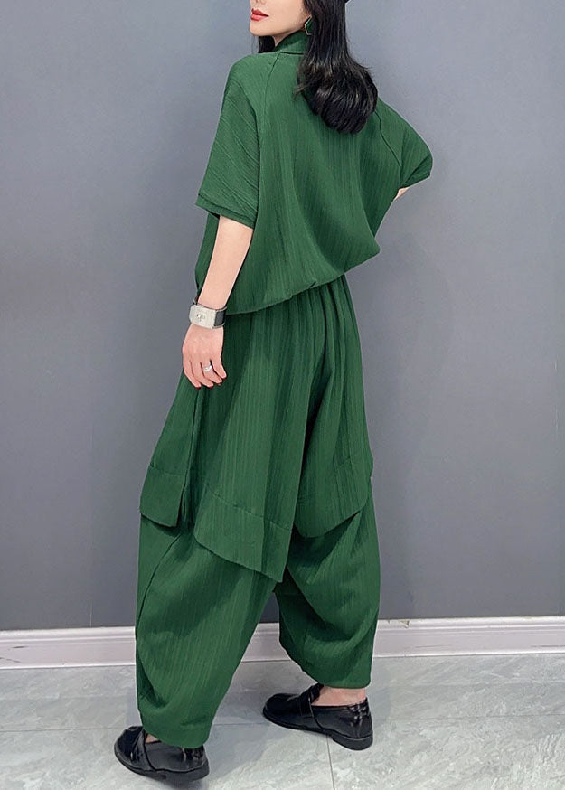 peopleterritory Natural Green Peter Pan Collar Patchwork Tops And Pants Cotton Two Pieces Set Spring LC0326