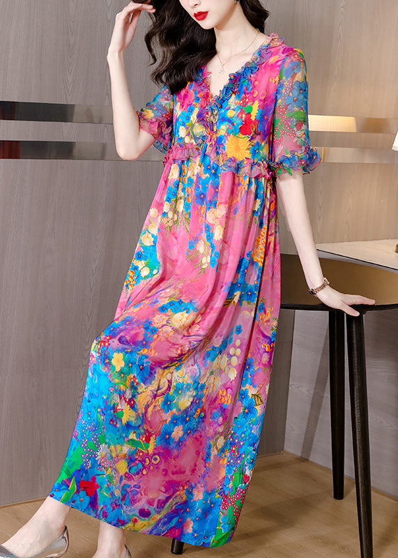 peopleterritory Natural V Neck Ruffled Print Silk Holiday Maxi Dress Short Sleeve LY1762