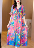 peopleterritory Natural V Neck Ruffled Print Silk Holiday Maxi Dress Short Sleeve LY1762