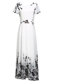 peopleterritory Natural White V Neck Print High Waist Chiffon Long Beach Dress Summer LY1789