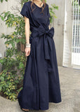 peopleterritory Navy Patchwork Cotton Long Dresses V Neck Wrinkled Summer LY1319