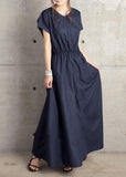 peopleterritory Navy Patchwork Cotton Long Dresses V Neck Wrinkled Summer LY1319