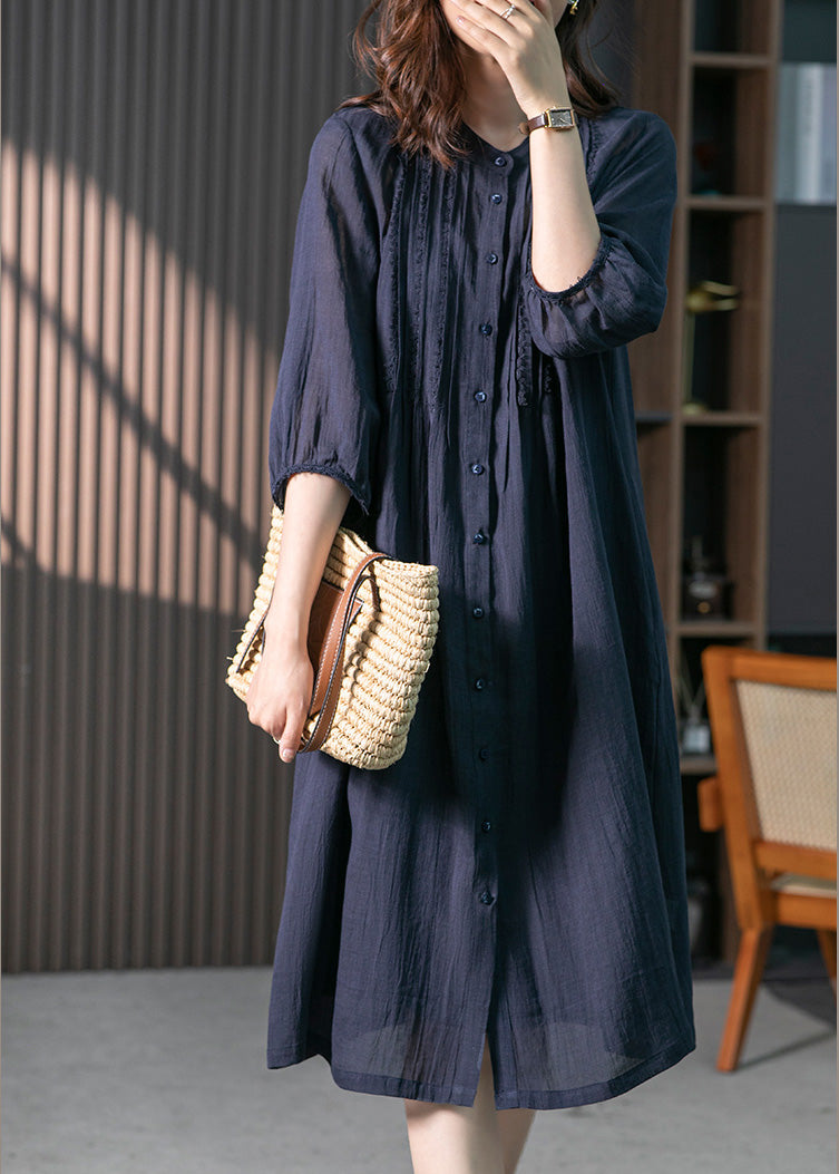 peopleterritory Navy Wrinkled Solid Linen Long Dresses Long Sleeve LY1746