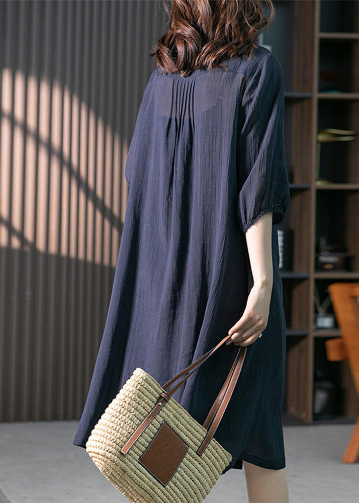 peopleterritory Navy Wrinkled Solid Linen Long Dresses Long Sleeve LY1746