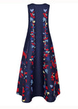 peopleterritory New Navy V Neck Print Chiffon Long Dress Sleeveless LY1925