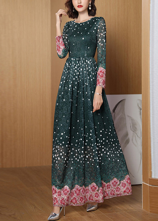 peopleterritory Novelty Green O-Neck Print Lace Patchwork Tunic Maxi Dress Long Sleeve LY1708