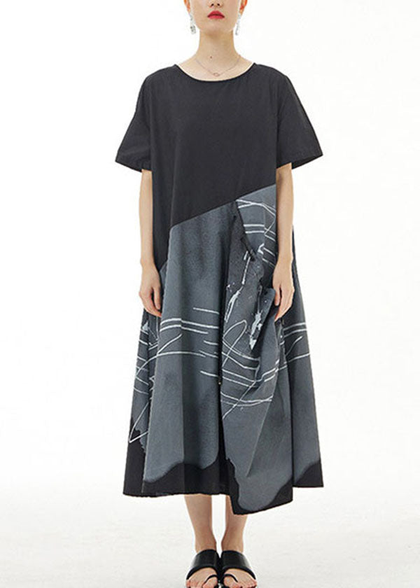 peopleterritory Organic Black O Neck Print Patchwork Cotton Dress Summer LY1213