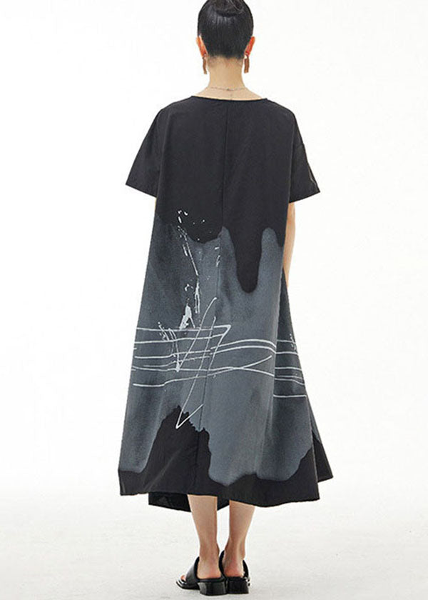 peopleterritory Organic Black O Neck Print Patchwork Cotton Dress Summer LY1213