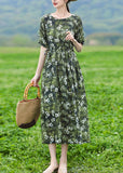 peopleterritory Organic Green O-Neck Print Slim Tie Waist Linen Maxi Dresses Short Sleeve LY1740