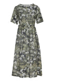 peopleterritory Organic Green O-Neck Print Slim Tie Waist Linen Maxi Dresses Short Sleeve LY1740