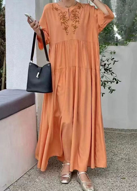 peopleterritory Organic Orange Embroideried Patchwork Cotton Dresses Summer LY1342