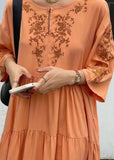 peopleterritory Organic Orange Embroideried Patchwork Cotton Dresses Summer LY1342