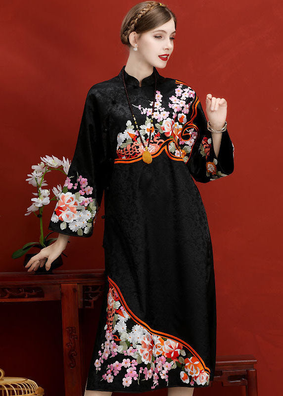 peopleterritory Original Design Navy Embroideried Jacquard Silk Chinese Style Dress Vestidos Spring LY1684