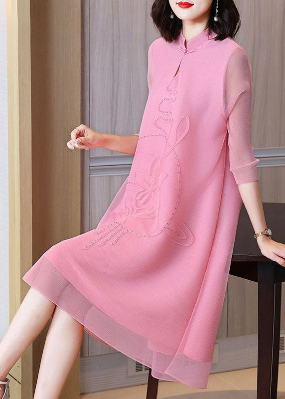 peopleterritory Pink Jacquard A Line Dress Mandarin Collar Wrinkled Bracelet Sleeve LY1406