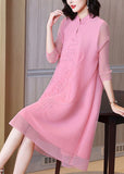 peopleterritory Pink Jacquard A Line Dress Mandarin Collar Wrinkled Bracelet Sleeve LY1406