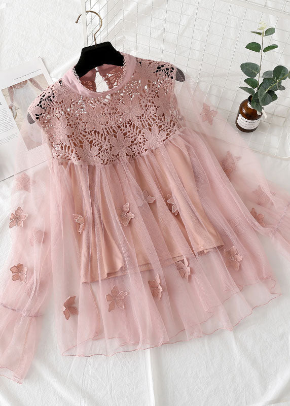 peopleterritory Pink Patchwork Tulle Two Pieces Set Embroideried Floral Spring LY1398