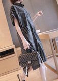 peopleterritory Plus Size Black Peter Pan Collar Striped Maxi Dresses Summer LY1407