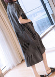 peopleterritory Plus Size Black Peter Pan Collar Striped Maxi Dresses Summer LY1407