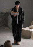 peopleterritory Plus Size Black Striped Patchwork Button Velour Pajamas Two Piece Set Spring LY1892