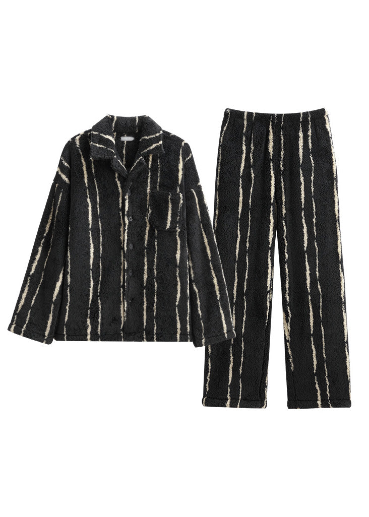 peopleterritory Plus Size Black Striped Patchwork Button Velour Pajamas Two Piece Set Spring LY1892