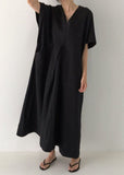 peopleterritory Plus Size Black V Neck Oversized Linen Long Dress Short Sleeve LY1328