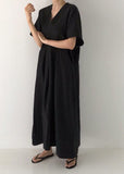 peopleterritory Plus Size Black V Neck Oversized Linen Long Dress Short Sleeve LY1328