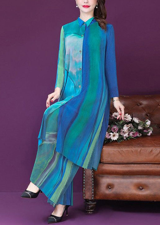 peopleterritory Plus Size Blue Print Side Open Silk Long Shirt And Wide Leg Pants Two Pieces Set Spring LY1017