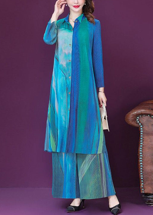 peopleterritory Plus Size Blue Print Side Open Silk Long Shirt And Wide Leg Pants Two Pieces Set Spring LY1017