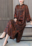 peopleterritory Plus Size Dark Brown Print Mandarin Collar Silk A Line Dress Spring LY1691