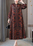 peopleterritory Plus Size Dark Brown Print Mandarin Collar Silk A Line Dress Spring LY1691