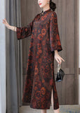 peopleterritory Plus Size Dark Brown Print Mandarin Collar Silk A Line Dress Spring LY1691