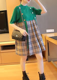 peopleterritory Plus Size Green Stand Collar Patchwork Plaid Knit Mid Dresses Summer LY1400
