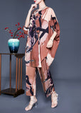 peopleterritory Plus Size Khaki Print Oversized Side Open Silk Two Pieces Set Batwing Sleeve LY0935
