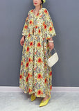 peopleterritory Plus Size Yellow Oversized Floral Print Cotton Robe Dresses Lantern Sleeve LY1566