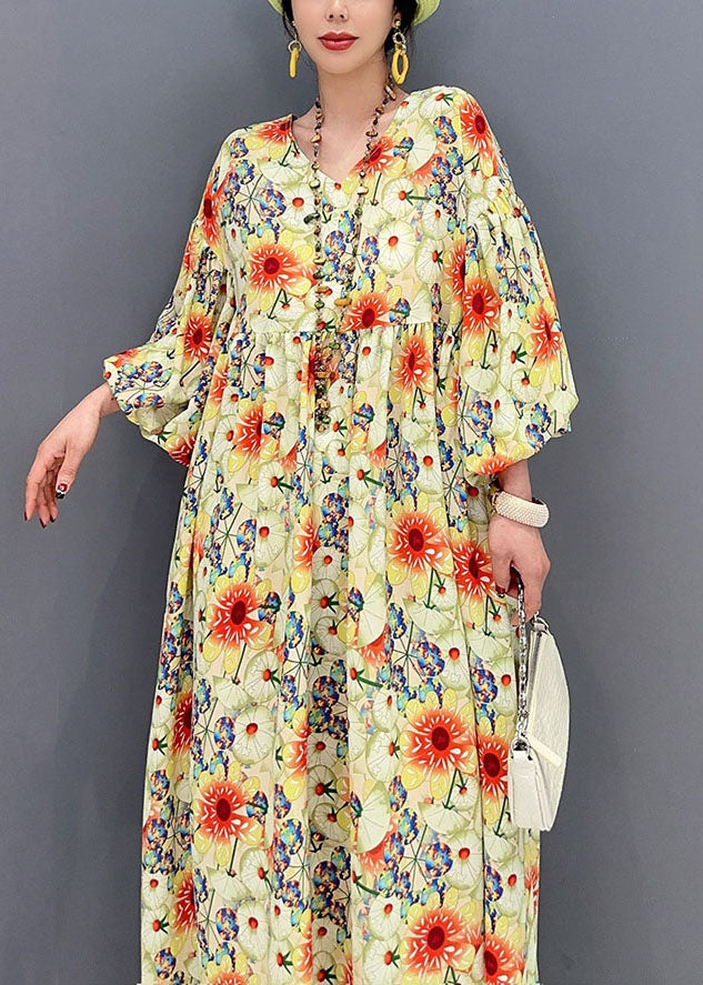 peopleterritory Plus Size Yellow Oversized Floral Print Cotton Robe Dresses Lantern Sleeve LY1566