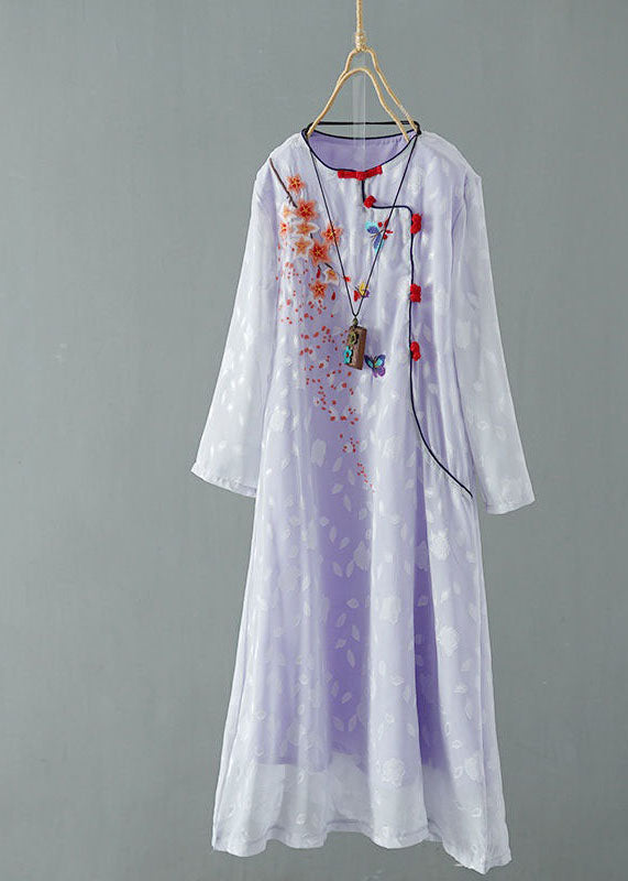 peopleterritory Purple Patchwork Chiffon Dresses Embroideried Chinese Button Spring LY1721