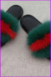 peopleterritory { Ready Stock } Green with Red Stripe Fashion Fox Full-Pelt Fur Sliders DF003