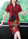 peopleterritory Red Chinese Style Silk Long Dresses Print Side Open Summer LY1680