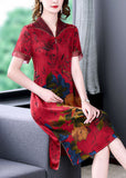 peopleterritory Red Chinese Style Silk Long Dresses Print Side Open Summer LY1680