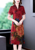 peopleterritory Red Chinese Style Silk Long Dresses Print Side Open Summer LY1680