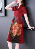 peopleterritory Red Chinese Style Silk Long Dresses Print Side Open Summer LY1680