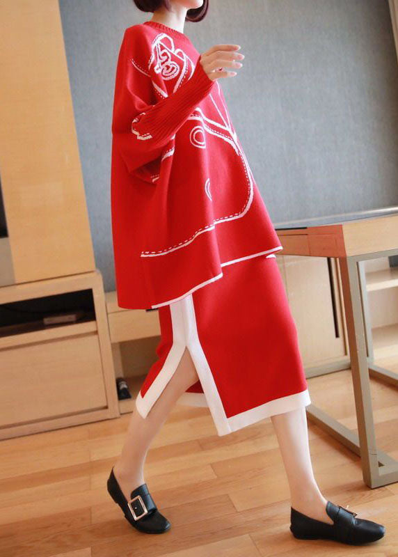 peopleterritory Red Oversized Knit Two Pieces Set O-Neck Side Open Batwing Sleeve LY1441
