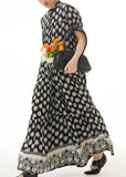 peopleterritory Retro Black Wrinkled Print Patchwork Long Chiffon Dress Summer LY1222