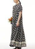 peopleterritory Retro Black Wrinkled Print Patchwork Long Chiffon Dress Summer LY1222
