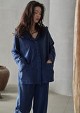 peopleterritory Retro Blue Peter Pan Collar Patchwork Button Cotton Pajamas Two Pieces Set Long Sleeve LY1919