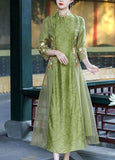 peopleterritory Retro Green Stand Collar Embroideried Patchwork Silk Dresses Spring LY1678
