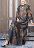 peopleterritory Retro Mandarin Collar Print Silk Long Dresses Caftan Spring LY1707