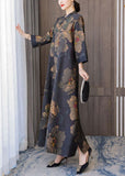 peopleterritory Retro Mandarin Collar Print Silk Long Dresses Caftan Spring LY1707